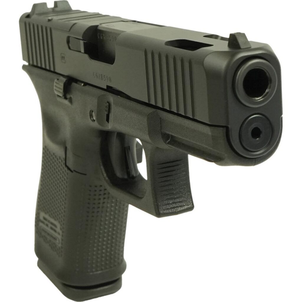 Photorealistic 8K lifestyle image of a Glock V-Series Model 19 handgun in use at an indoor shooting range, held by a gloved hand aiming downrange, showing the ported barrel and black finish, dynamic action angle with subtle smoke from firing