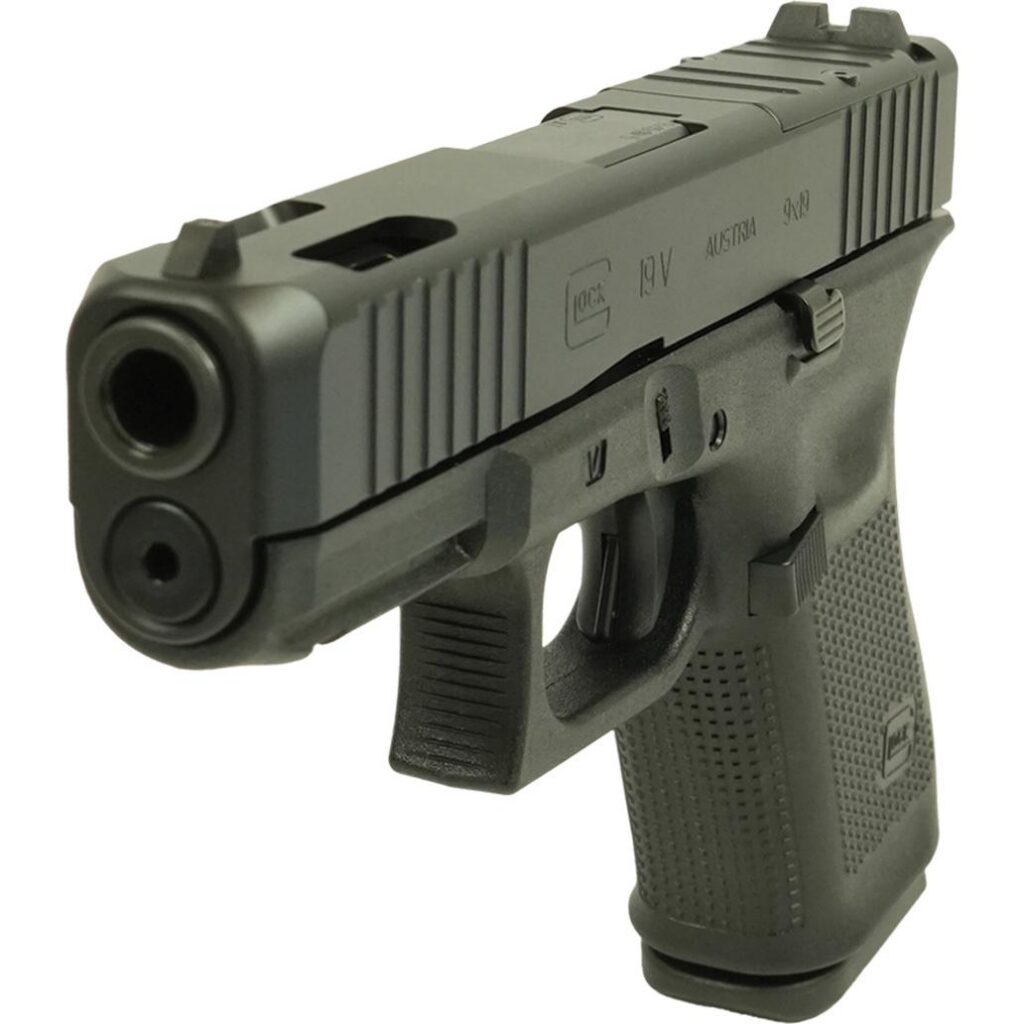 Photorealistic 8K macro detail shot of the Glock V-Series Model 19 slide and ported barrel, focusing on the black Cerakote texture and optic-ready cuts, studio lighting with close-up precision on materials and engravings