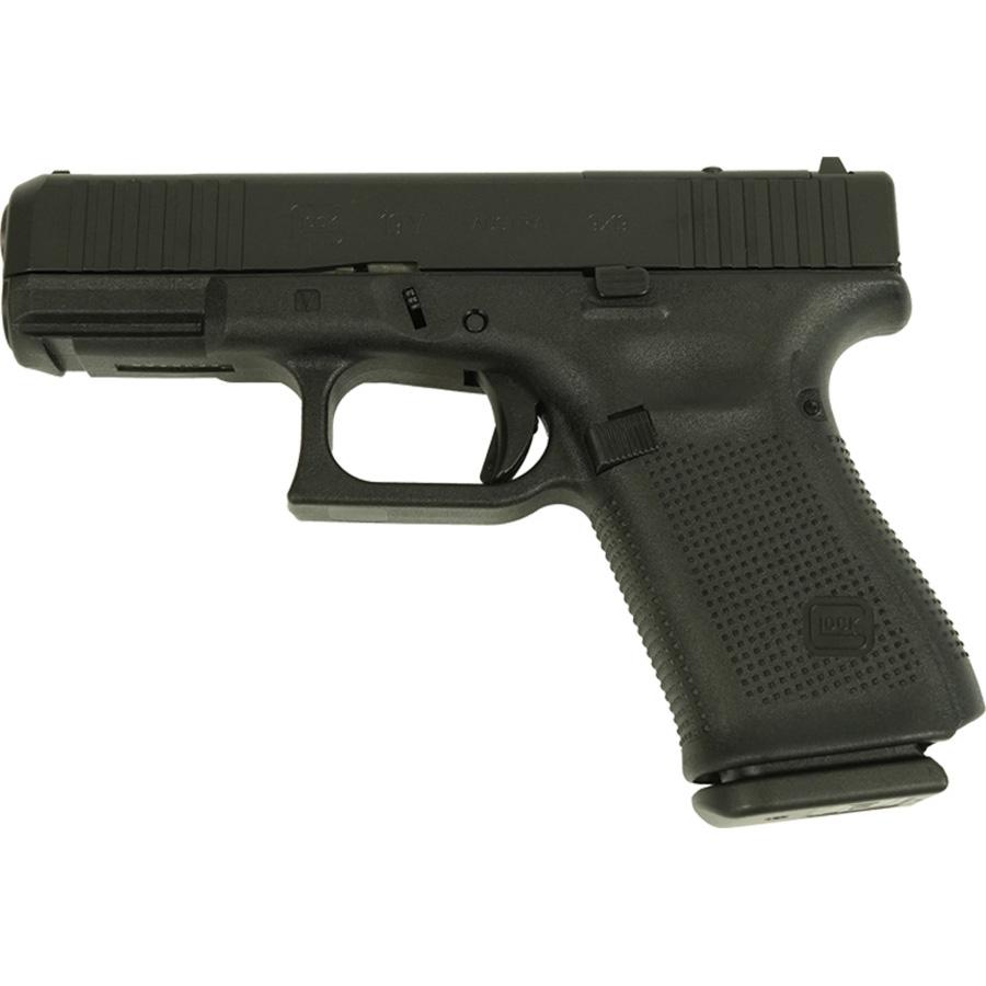 Photorealistic 8K alternative angle shot of the Glock V-Series Model 19 from the left side, highlighting the trigger guard, grip texture, and ported barrel in black Cerakote, on a neutral background with professional lighting