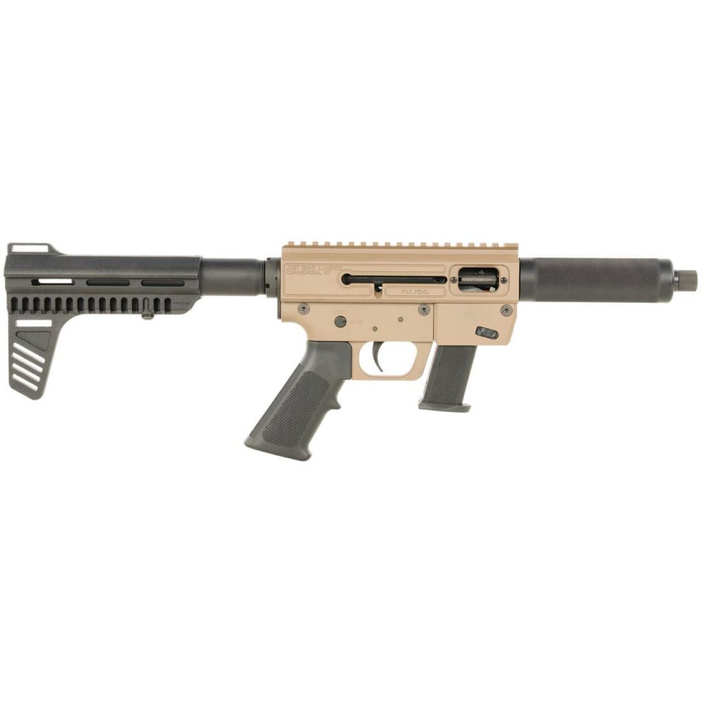 Photorealistic 8K studio hero shot of the JRC Spark Survival System in FDE, centered on seamless white background, clean lighting, showing the bag, dual barrels, brace, and 15rd Glock magazine, premium product photography