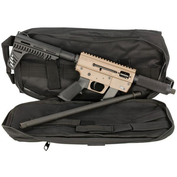 Photorealistic 8K lifestyle detail shot of the JRC Spark Survival System FDE bag open on a neutral surface, displaying the 6.5 inch and 17 inch barrels, brace, and 9mm magazine inside, studio lighting