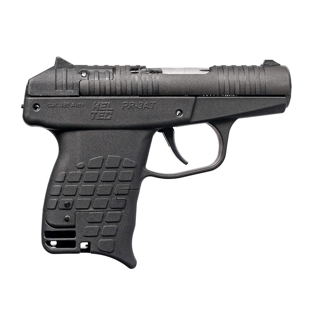 Photorealistic 8K studio shot of a Kel-Tec P3AT .380 ACP handgun in black with large grip, centered on a premium gradient background, clean and heroic composition highlighting the compact design and matte finish, high detail on barrel and slide
