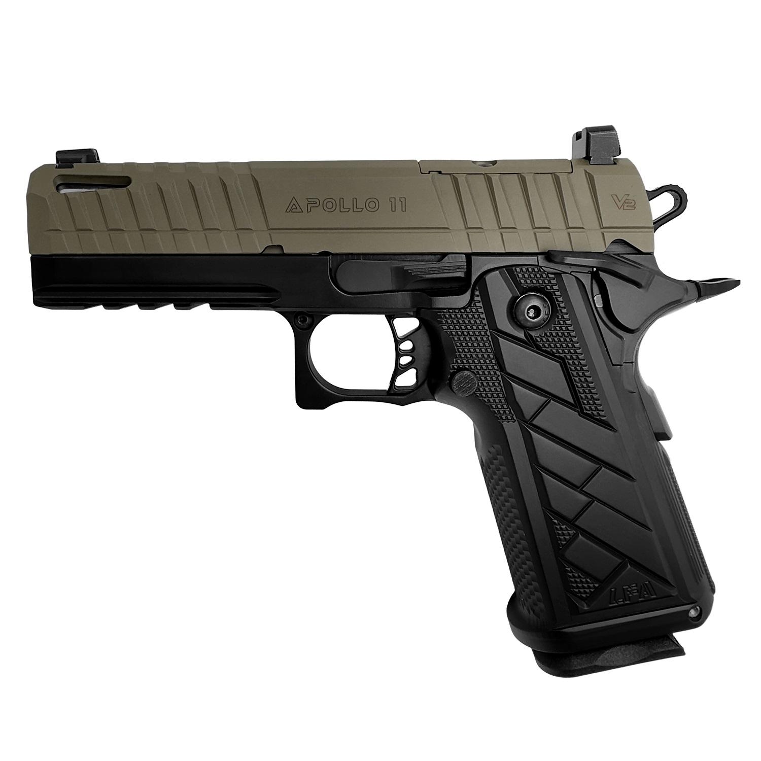 Photorealistic 8K studio image of LFA Apollo 11 Compact handgun in FDE frame with black slide, centered on a premium gradient background, clean and heroic composition highlighting the left side profile, high detail on textures and finishes