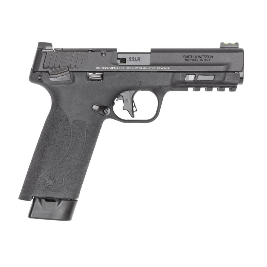 Photoreal 8K studio hero shot of the exact black M&P 22X .22 LR handgun centered on seamless white background, clean lighting, sharp focus on threaded barrel and white dot sights, no text or logos
