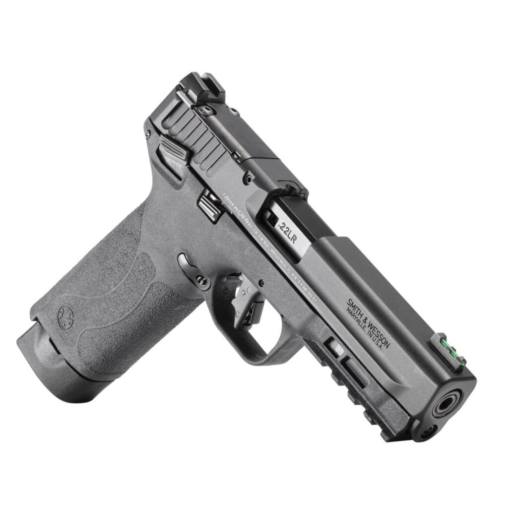 Lifestyle photoreal 8K image of the black M&P 22X handgun held in right hand at indoor shooting range, side profile view, soft natural light