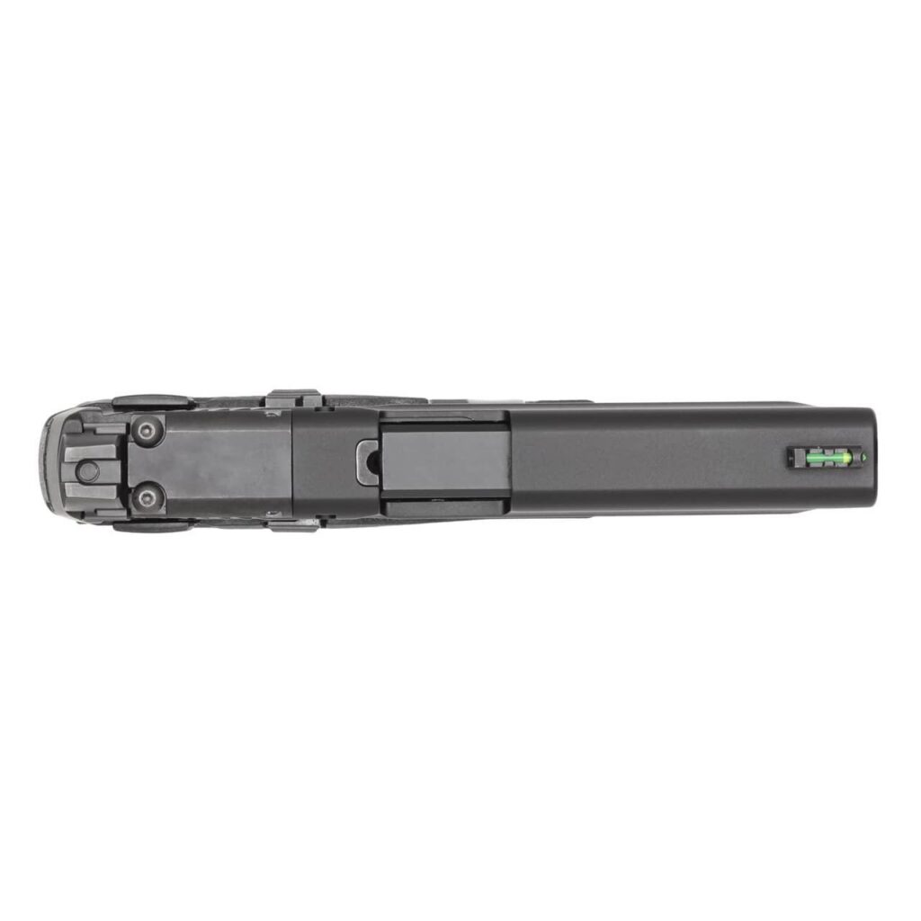 Alternative angle photoreal 8K three-quarter view of the black M&P 22X handgun resting on dark matte surface, showing grip texture and magazine well