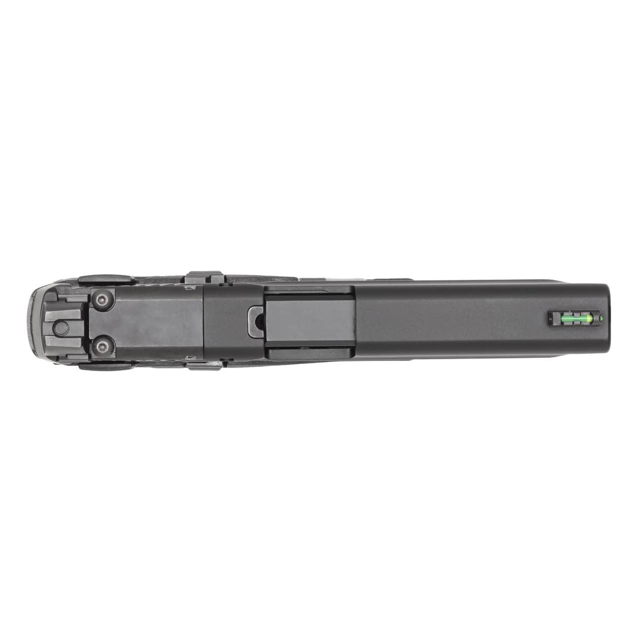 Alternative angle photoreal 8K three-quarter view of the black M&P 22X handgun resting on dark matte surface, showing grip texture and magazine well