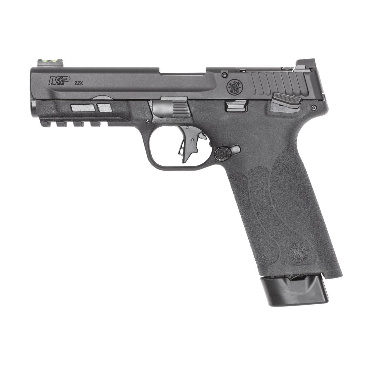 In-use photoreal 8K image of the black M&P 22X handgun with magazine inserted, slide locked back, on a wooden shooting bench with brass casings nearby