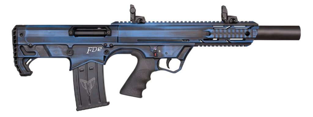 Photorealistic 8K studio product photograph of the exact Pro Bullpup FD12 12 gauge semiautomatic shotgun in Distressed Blue finish as shown in reference image, clean side profile view centered on pure white background, showing distressed blue receiver with horizontal grain texture, white FD12 lettering, black polymer magazine with triangle logo, black textured pistol grip, top Picatinny rail with flip-up sights, matte black barrel extension, razor sharp focus, studio lighting with subtle reflections, commercial product photography style, zero text or watermarks