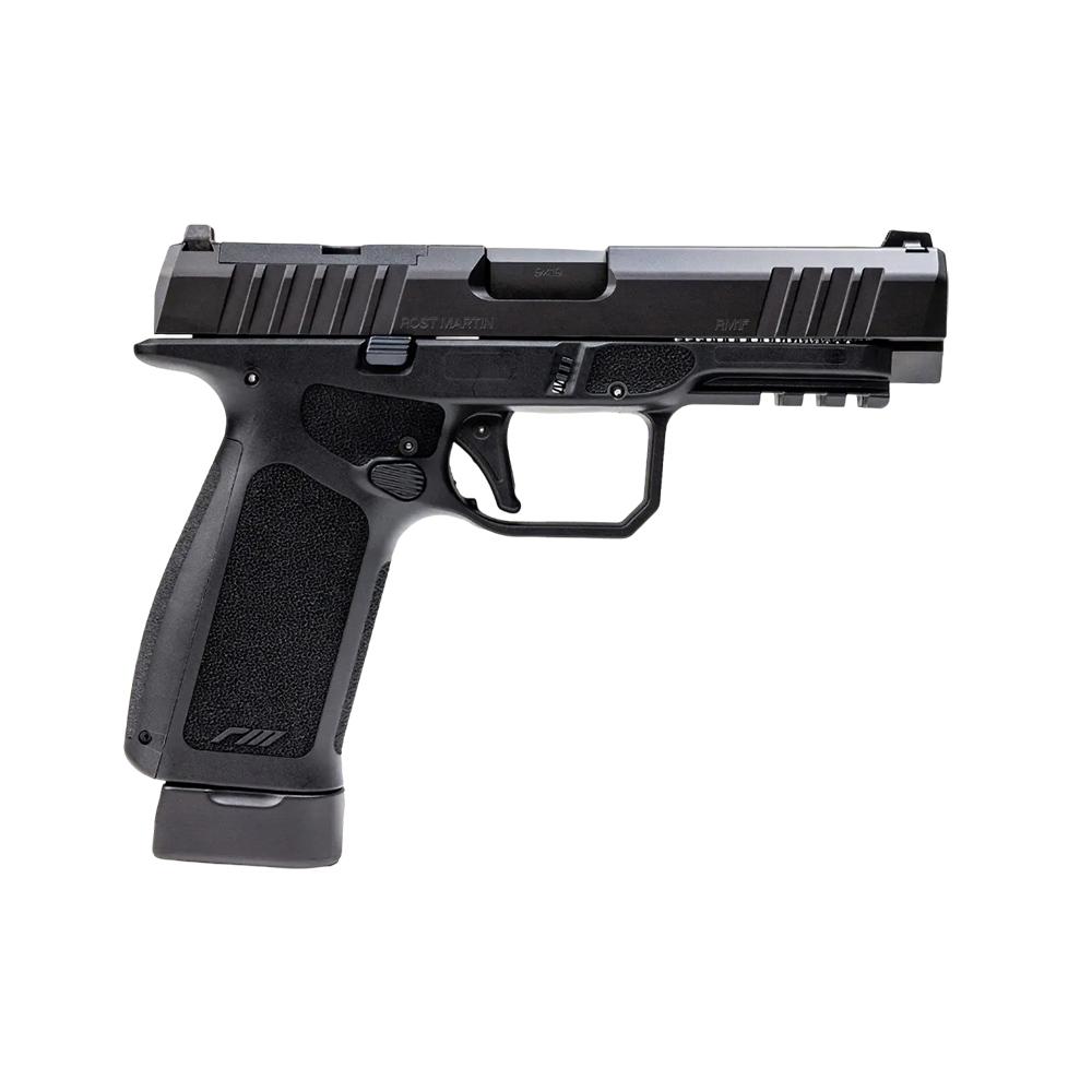 Photorealistic 8K studio shot of a black Rost Martin RM1F OR 9mm handgun centered on a premium gradient background, clean and symmetrical composition with soft lighting highlighting the 4.5" barrel and optics-ready slide, conversion-optimized hero image
