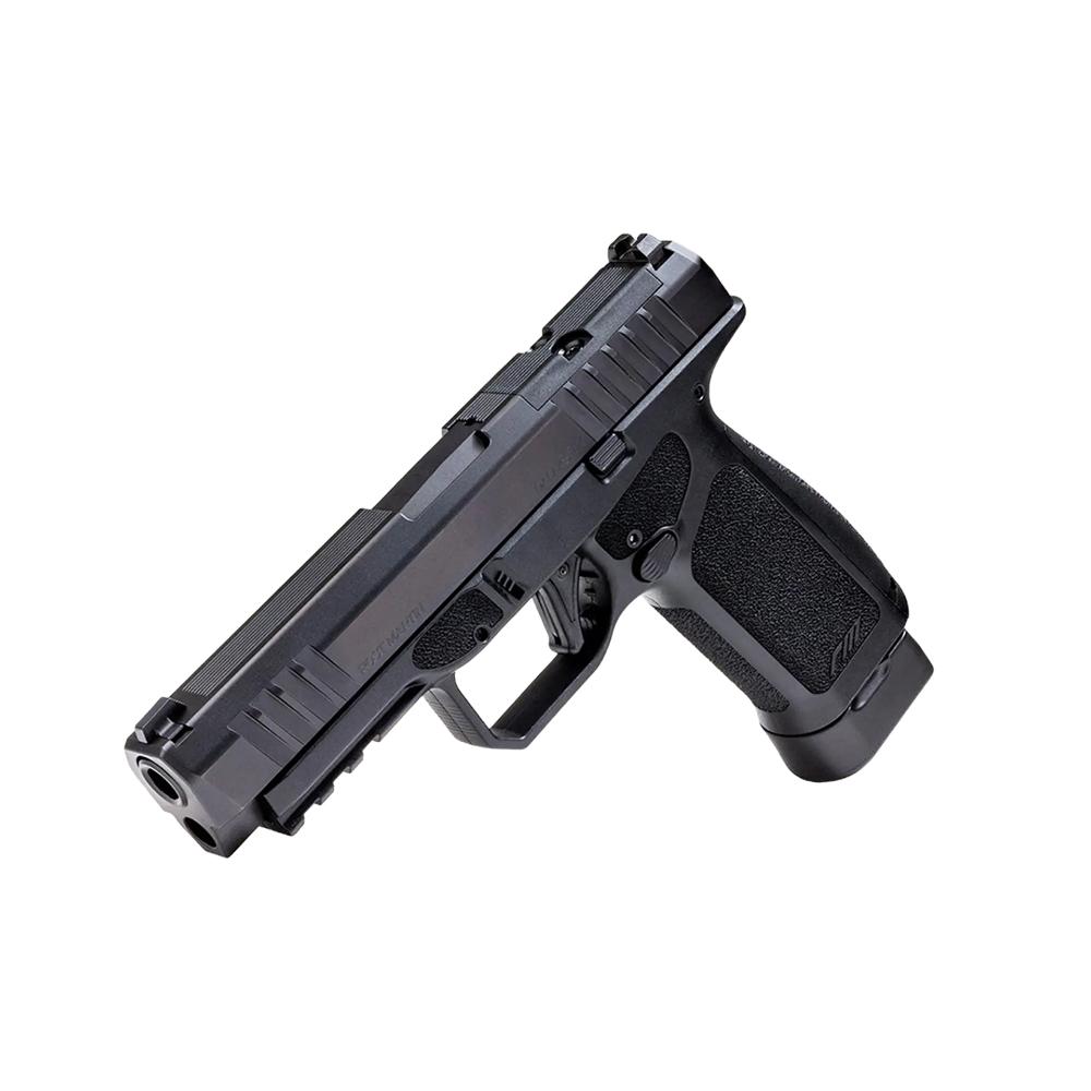 Photorealistic 8K lifestyle shot of a black Rost Martin RM1F OR 9mm handgun in use at an indoor shooting range, shown from a side angle with a user aiming, detailed focus on the grip and magazines, emphasizing ergonomic design and precision