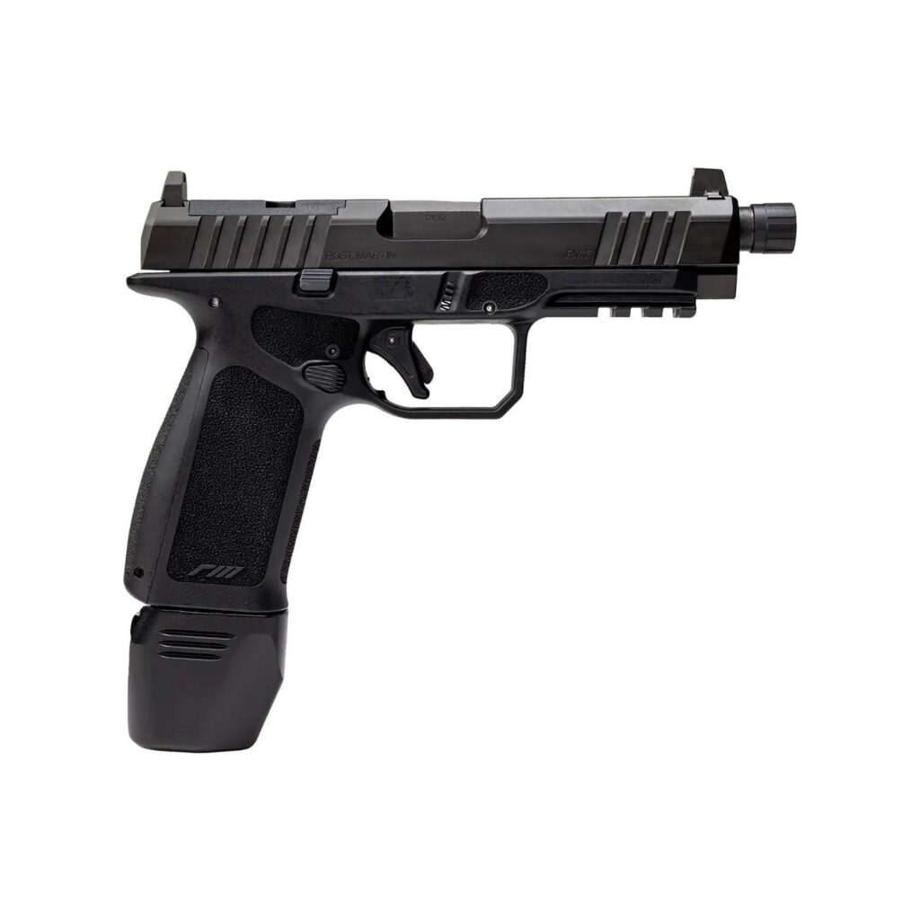Photorealistic 8K studio product photograph of the exact Rost Martin RM1F Tactical black 9mm handgun as shown in reference image, clean right-side profile view centered on pure white seamless background with subtle premium gradient, dramatic side lighting highlighting the threaded barrel, optic-ready slide, suppressor height sights, and textured grip, razor sharp focus, luxury product photography style, commercial advertising quality, no text or logos