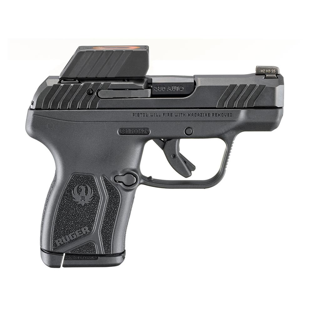 Photorealistic 8K studio image of a black Ruger LCP Max .380 Auto handgun with ReadyDot micro reflex sight and tritium front sight, centered on a premium gradient background, clean and conversion-optimized hero shot, high detail on matte finish and controls