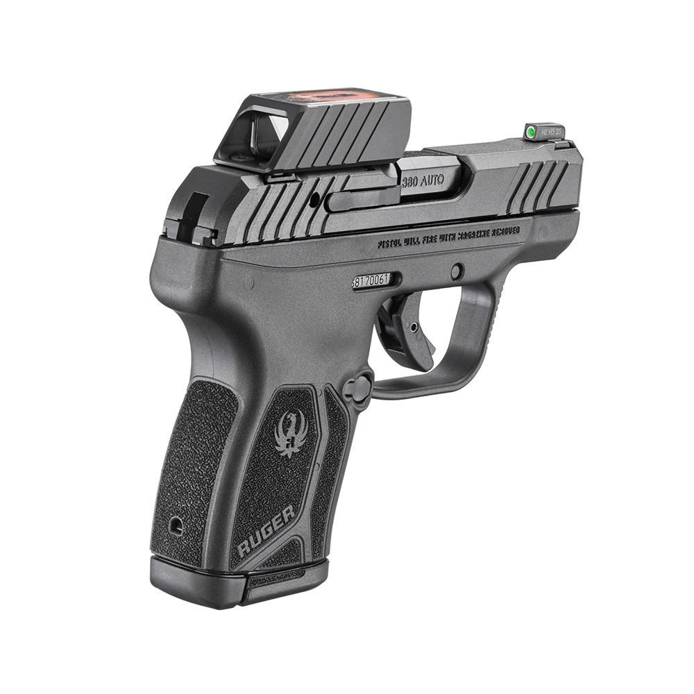 Photorealistic 8K macro detail shot of the ReadyDot micro reflex sight on the Ruger LCP Max handgun, focusing on the red dot and tritium front sight, close-up on black polymer texture and steel slide