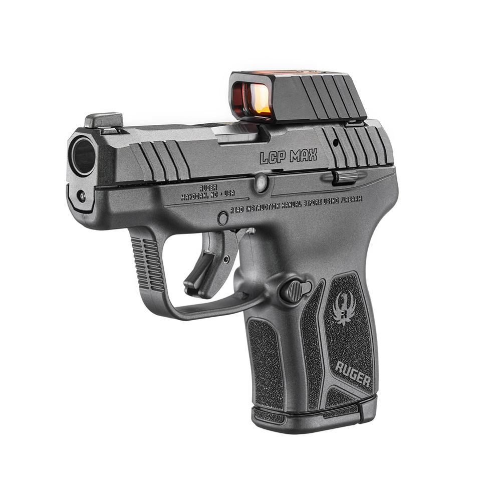 Photorealistic 8K in-use shot of the Ruger LCP Max handgun holstered in a concealed carry position on a mannequin, highlighting slim profile and discreet design, soft outdoor lighting