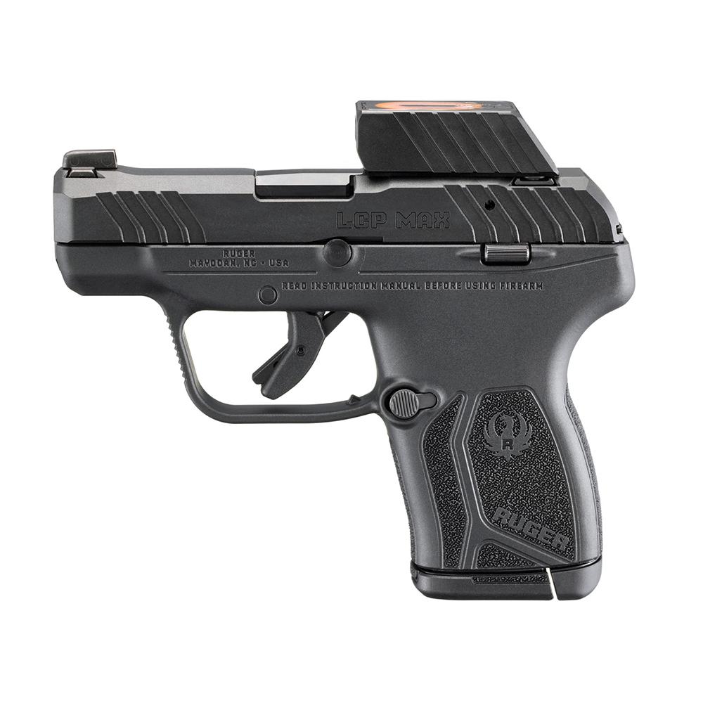 Photorealistic 8K detail image of the Ruger LCP Max trigger and grip area, macro focus on ergonomic design and matte black finish, studio setup with precise shadows