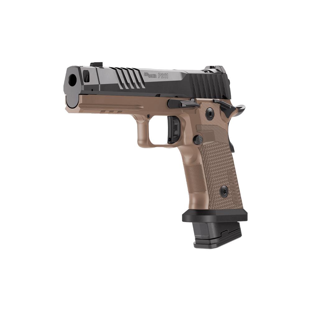 Photorealistic 8K lifestyle image of Sig Sauer P211 GTO Combat SAO 9mm handgun in use at a shooting range, held by a gloved hand aiming at a target, dynamic action shot with realistic lighting and smoke effects