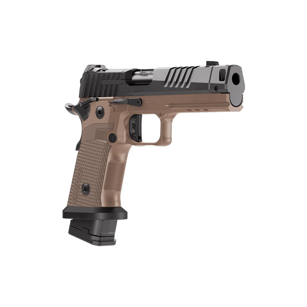 Photorealistic 8K macro detail shot of Sig Sauer P211 GTO Combat SAO 9mm handgun, focusing on the textured grip and trigger mechanism, close-up on materials and finish with studio lighting for texture emphasis