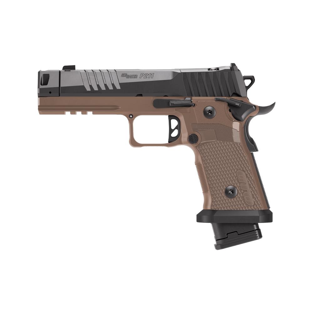 Photorealistic 8K alternative angle shot of Sig Sauer P211 GTO Combat SAO 9mm handgun with magazines displayed beside it, side view on a tactical surface showing scale and optic-ready features, high-resolution studio quality