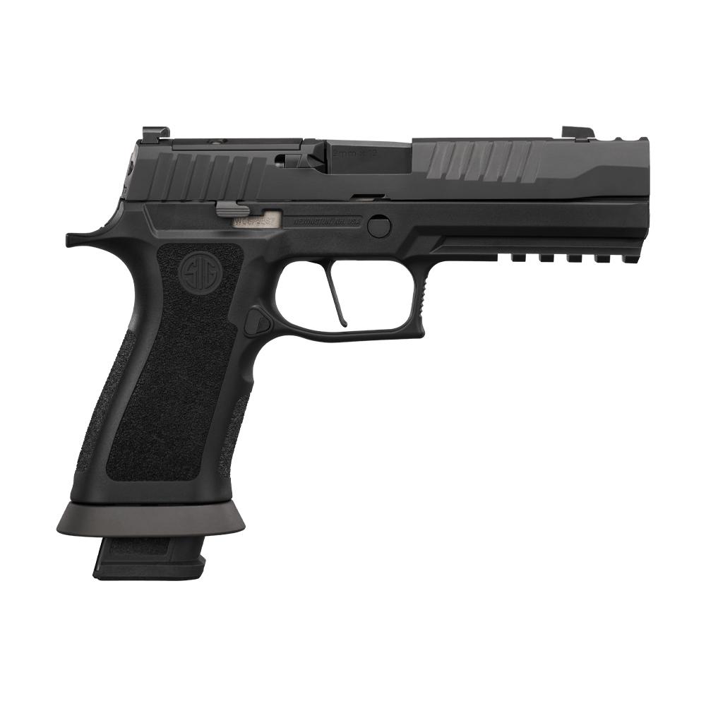 Photorealistic studio hero shot of Sig Sauer P320 M.O.D. X full-size 9mm handgun centered on seamless white background, matte black finish, 3.9 inch compensated barrel visible, three magazines beside it, 8K resolution, soft even lighting, premium product photography