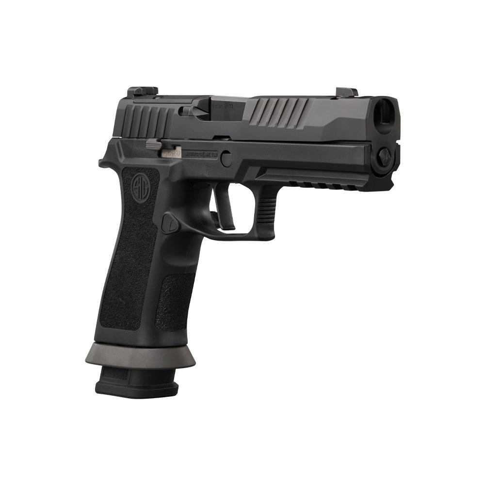 Lifestyle in-use shot of shooter holding Sig Sauer P320 M.O.D. X at indoor range, side profile, controlled grip, soft bokeh background, photorealistic 8K detail