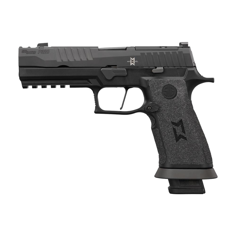 Overhead flat-lay of Sig Sauer P320 M.O.D. X with slide locked back, showing internal components and magazine well, minimalist dark background, crisp focus, 8K commercial product photography