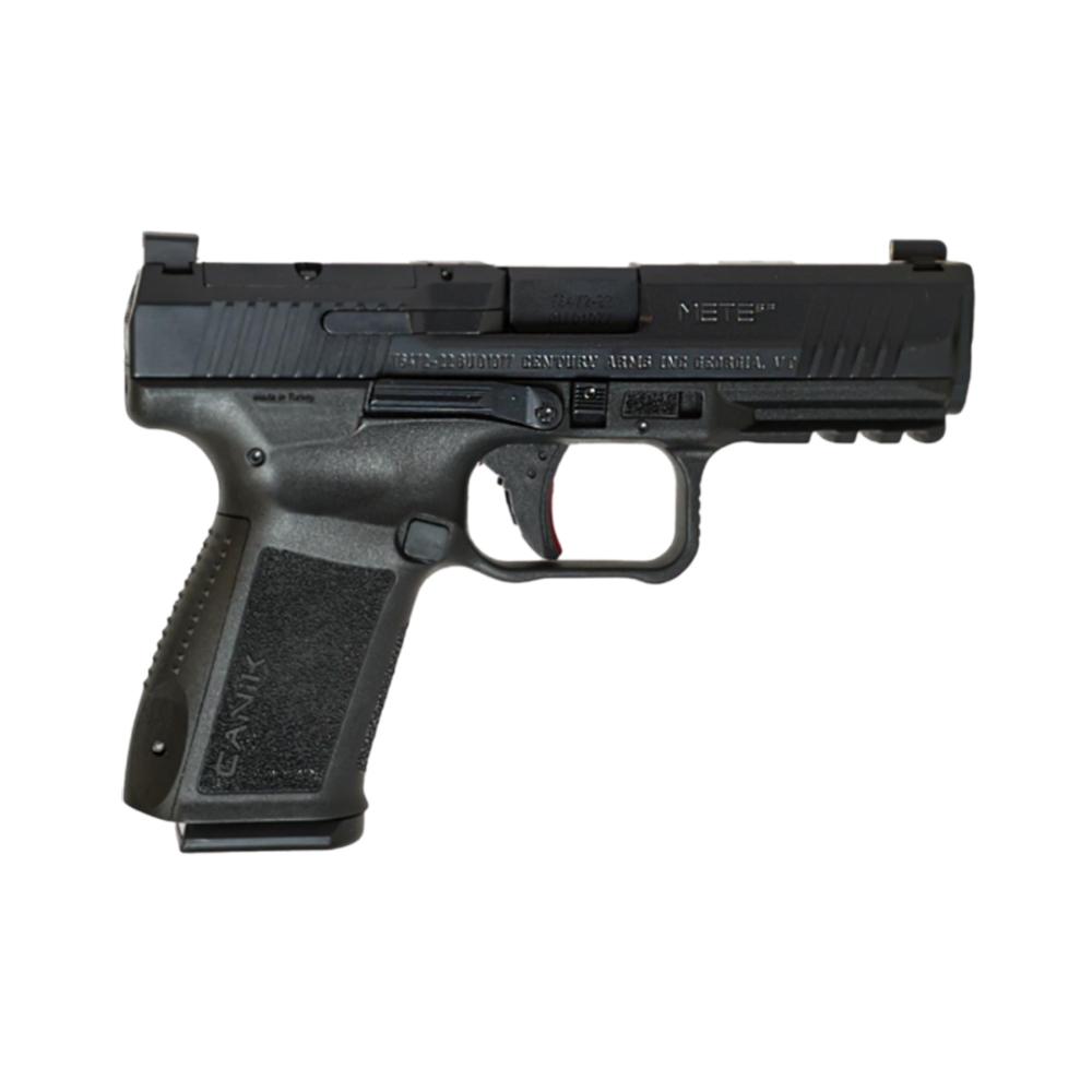Photorealistic 8K studio hero shot of the Canik Mete SF One 9mm handgun in matte black finish, centered on clean white background with soft professional lighting, premium product photography, sharp focus on barrel and grip details