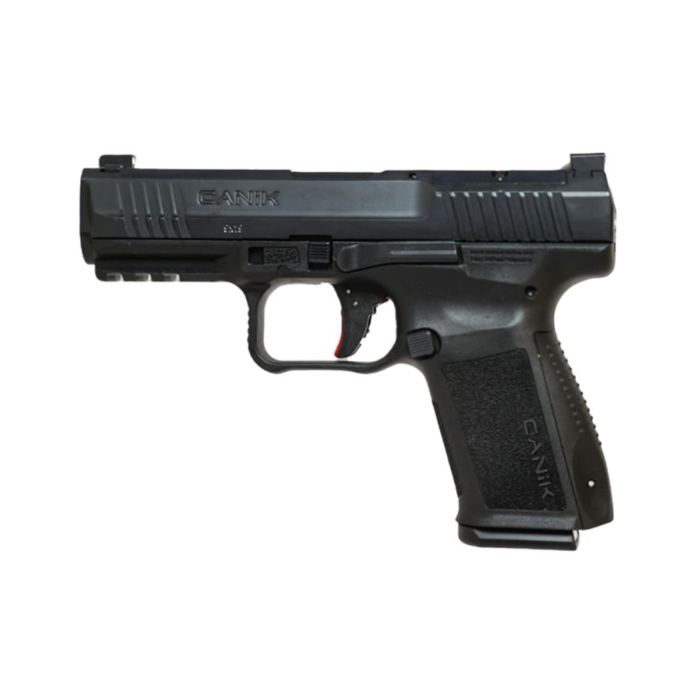 Photorealistic 8K lifestyle image of the Canik Mete SF One handgun held in right hand demonstrating ergonomic grip and trigger reach, neutral studio backdrop, soft directional lighting highlighting black polymer texture and metal slide