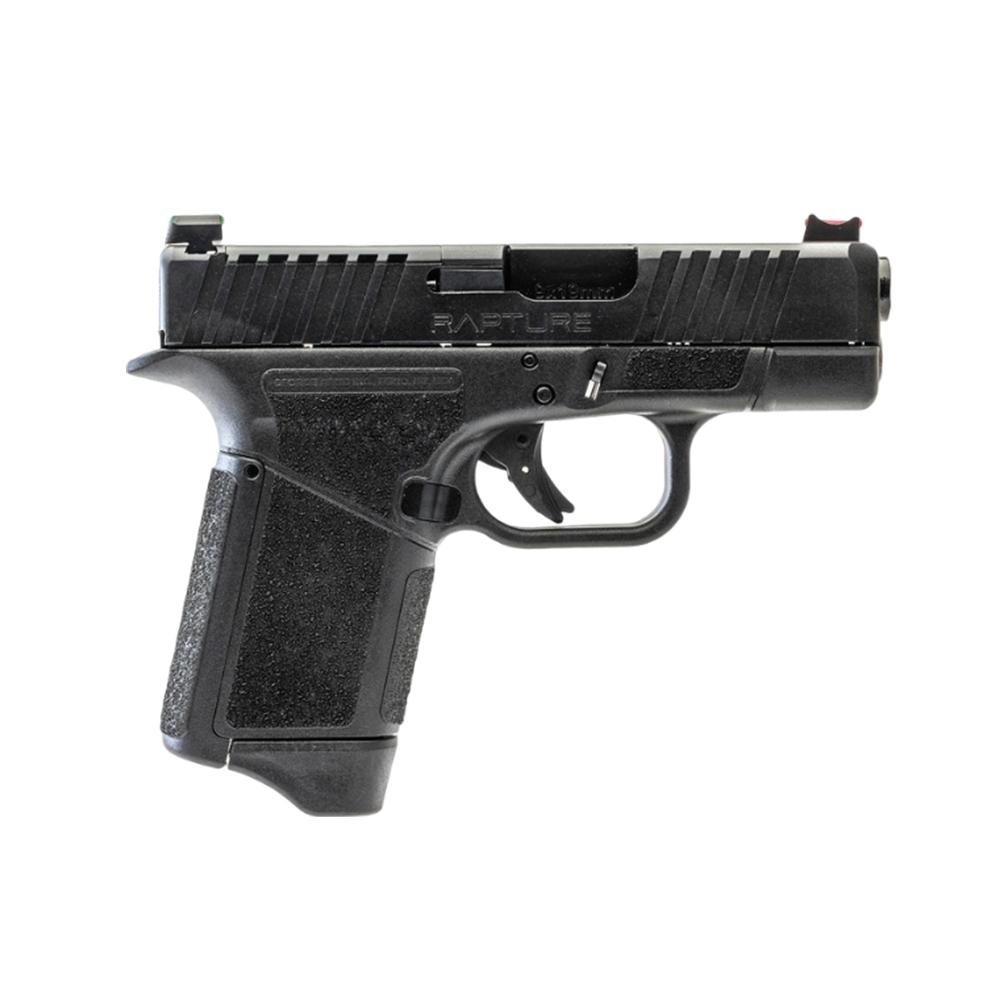Photorealistic 8K studio product shot of the GForce Arms GF9 Rapture subcompact 9mm handgun in matte black finish, centered on seamless white background, clean premium lighting, sharp focus on barrel and slide details