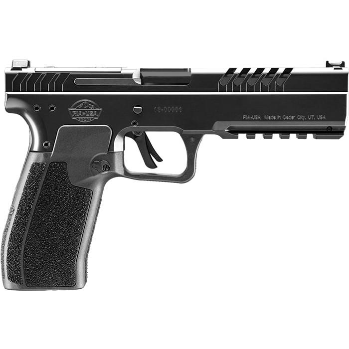 Photorealistic 8K studio hero shot of Rock Island 5.0E 9mm handgun in matte black finish, centered on seamless white background with soft professional lighting, clean conversion-grade product photography