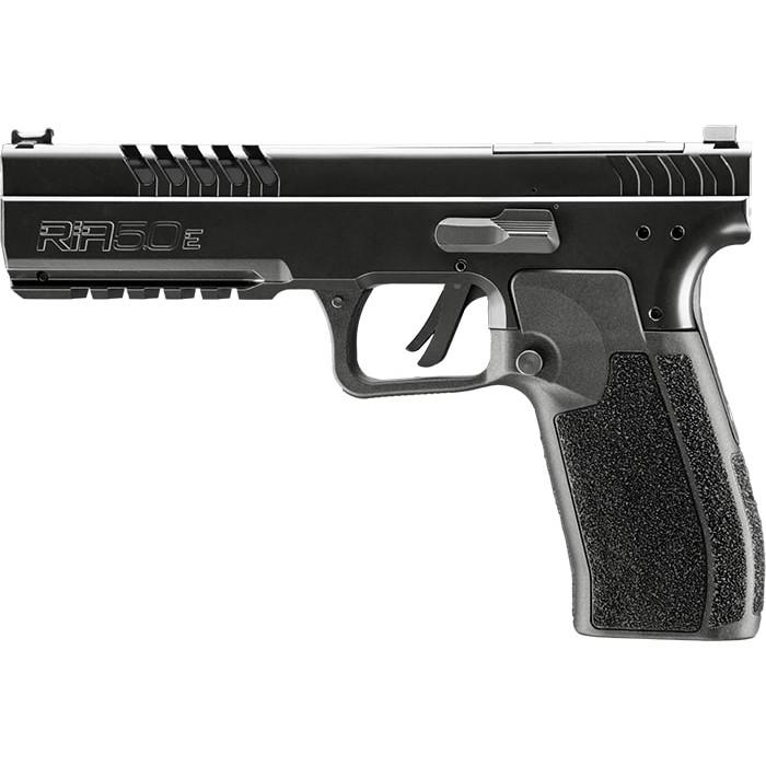 Photorealistic 8K lifestyle detail shot of Rock Island 5.0E 9mm handgun on dark tactical surface with three magazines, dramatic studio lighting highlighting barrel and grip textures