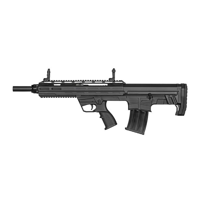 Photorealistic rear three-quarter view of the SDS Imports Tokarev TBP-12P bullpup shotgun highlighting the rubberized buttpad, magazine release, and overall compact bullpup silhouette against a clean gradient background, perfect scale and proportion, dramatic cinematic lighting, ultra detailed 8K studio product image