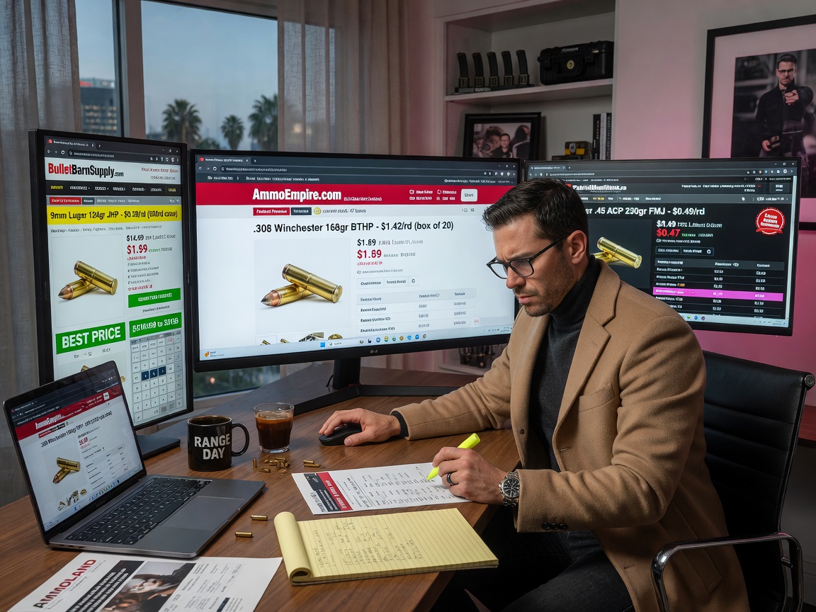 Realistic 8K photograph of a buyer comparing prices between three different ammunition websites on multiple computer monitors, focused expression, modern home office