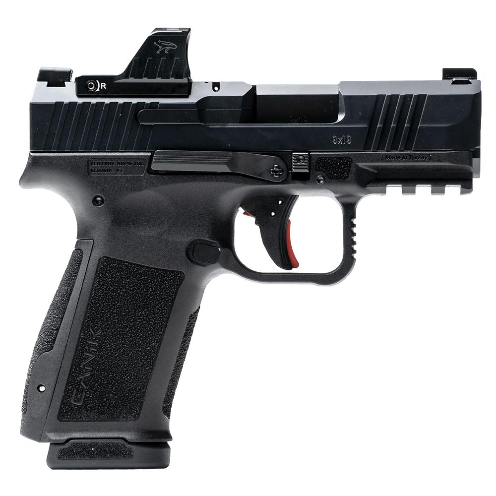 Photorealistic 8K studio hero shot of the exact Canik Mete MC9L 9mm handgun in matte black with installed MeCANiK MO1 red dot optic, centered on seamless white background, clean luxury product photography, sharp focus, no text or logos