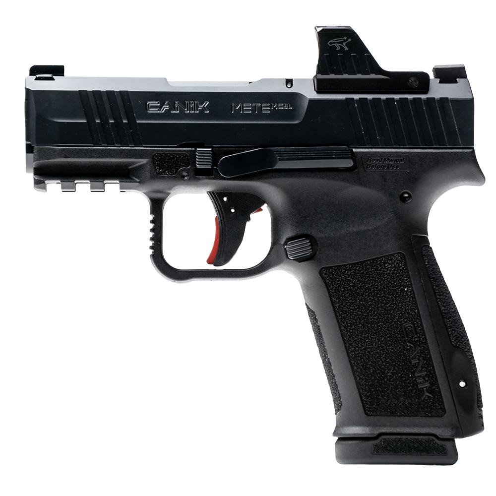 Photorealistic 8K lifestyle range shot of the Canik Mete MC9L handgun held in a two-handed grip, black finish and MeCANiK MO1 optic visible, dynamic side angle with soft bokeh background, studio-grade lighting