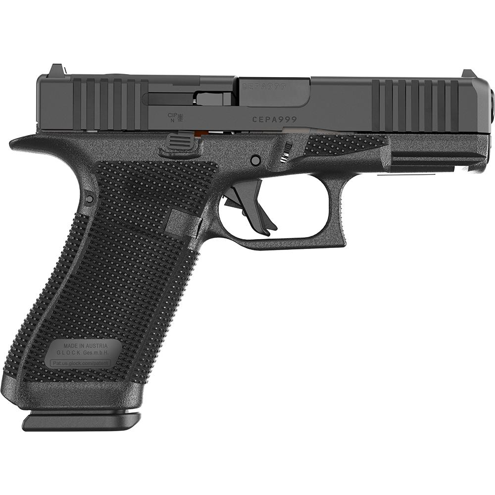 Photorealistic 8K studio hero shot of the exact black Glock 45 Gen 6 handgun centered on seamless white background, NDLC finish, optic-ready slide, fixed sights, clean professional lighting, no accessories