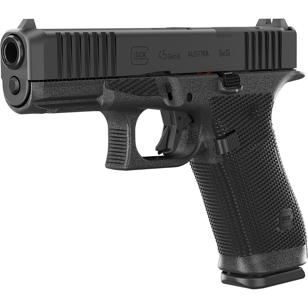 Lifestyle in-use shot of the black Glock 45 Gen 6 held in a shooter's hand demonstrating high grip with enlarged beavertail and thumb rest, studio softbox lighting, premium dark gradient backdrop