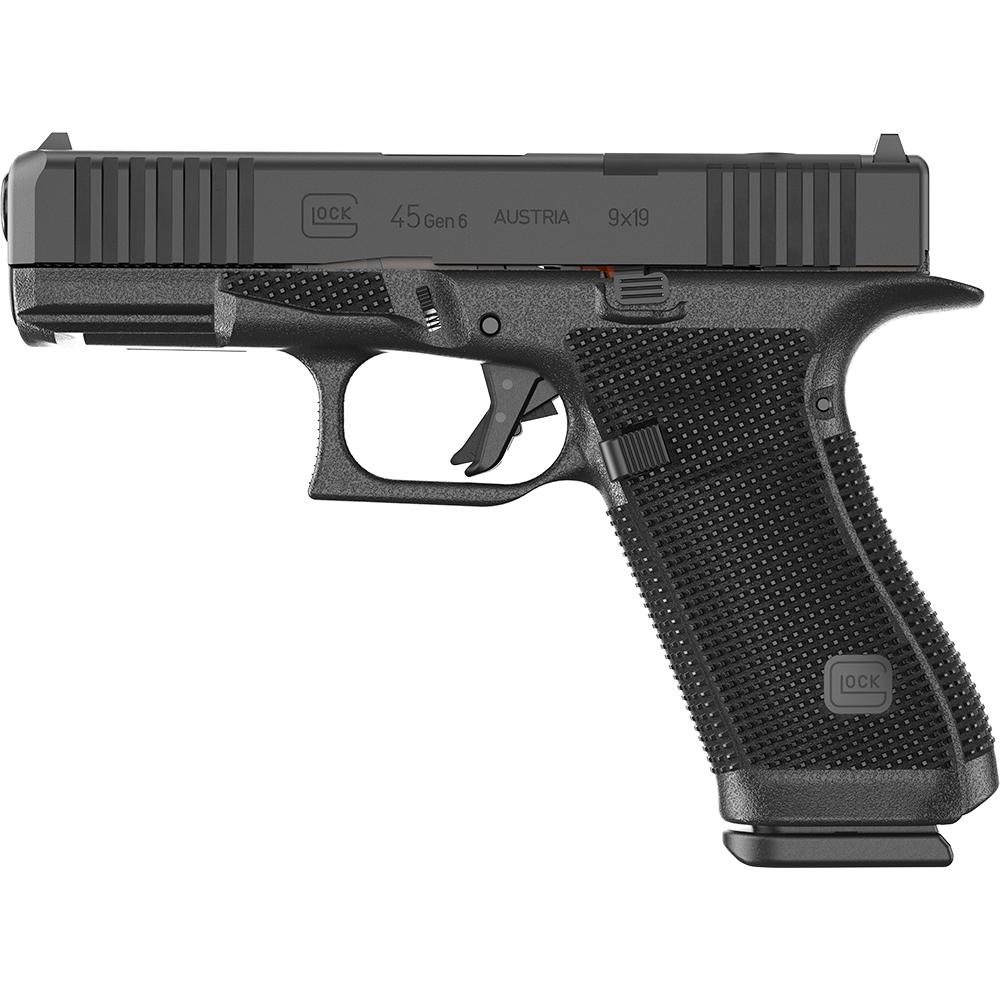 Three-quarter angle view of the Glock 45 Gen 6 with three 17-round magazines, optic plates, and speed loader arranged neatly beside it on dark premium surface, showing slide serrations and NDLC finish, photoreal 8K