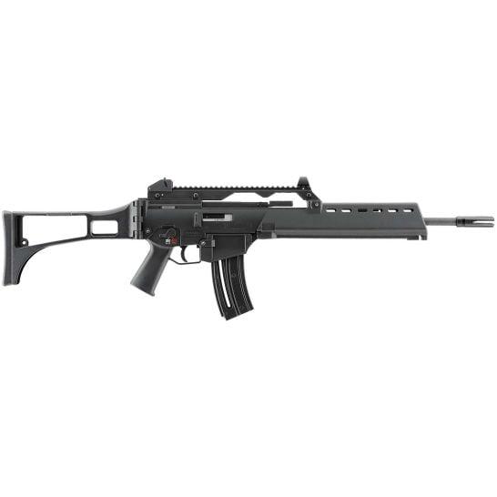 Photorealistic 8K studio hero shot of Heckler & Koch G36 .22 LR rifle, black synthetic stock and finish, 16.1-inch barrel, centered on seamless white background with soft premium lighting, sharp focus, commercial product photography