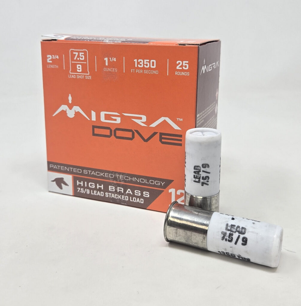 Photorealistic 8K studio hero shot of Migra Ultimate Dove 12ga ammunition box centered on pure white background, clean commercial lighting, sharp focus on branding and shell specs, premium product photography