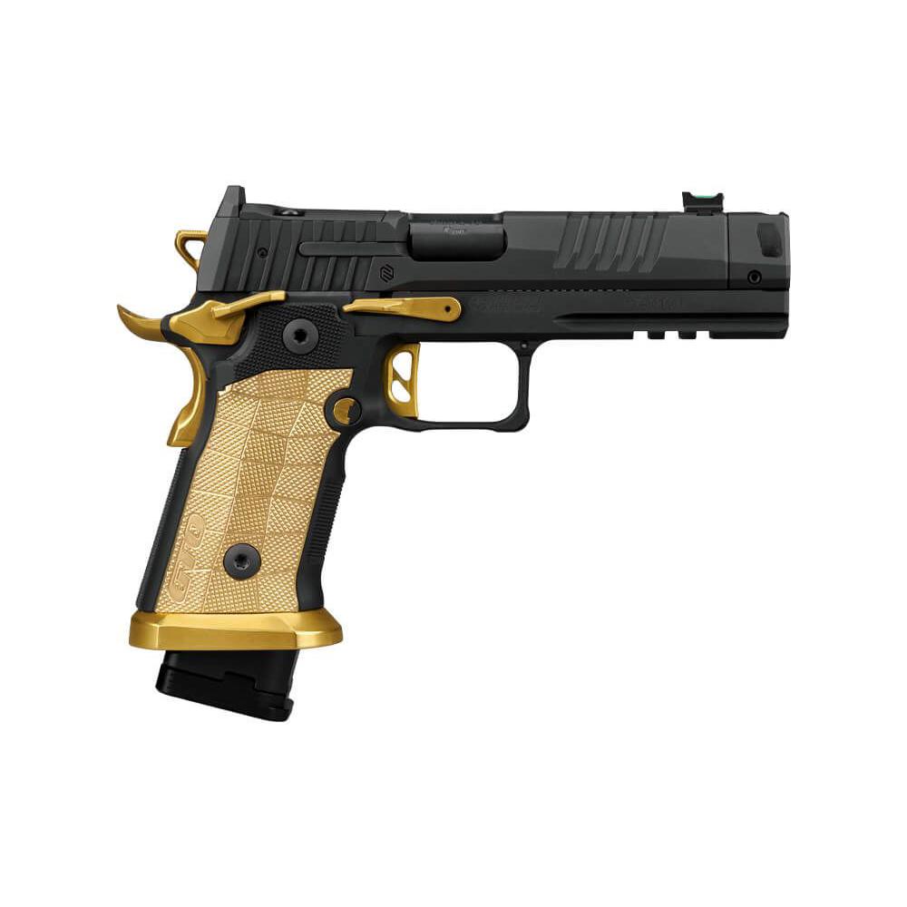 Photoreal 8K studio hero shot of Sig Sauer P211 Spectre Comp handgun centered on seamless white background, black Nitron finish, brass grip panels visible, clean reflections, premium product photography
