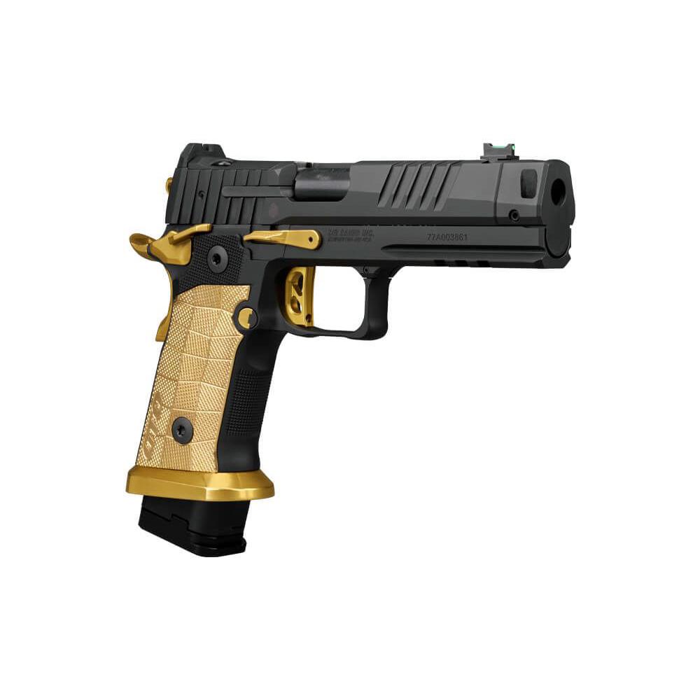 Macro detail of brass LOK grip panels and flat skeletonized trigger on Sig Sauer P211 Spectre Comp, texture and material close-up, studio lighting, 8K photoreal