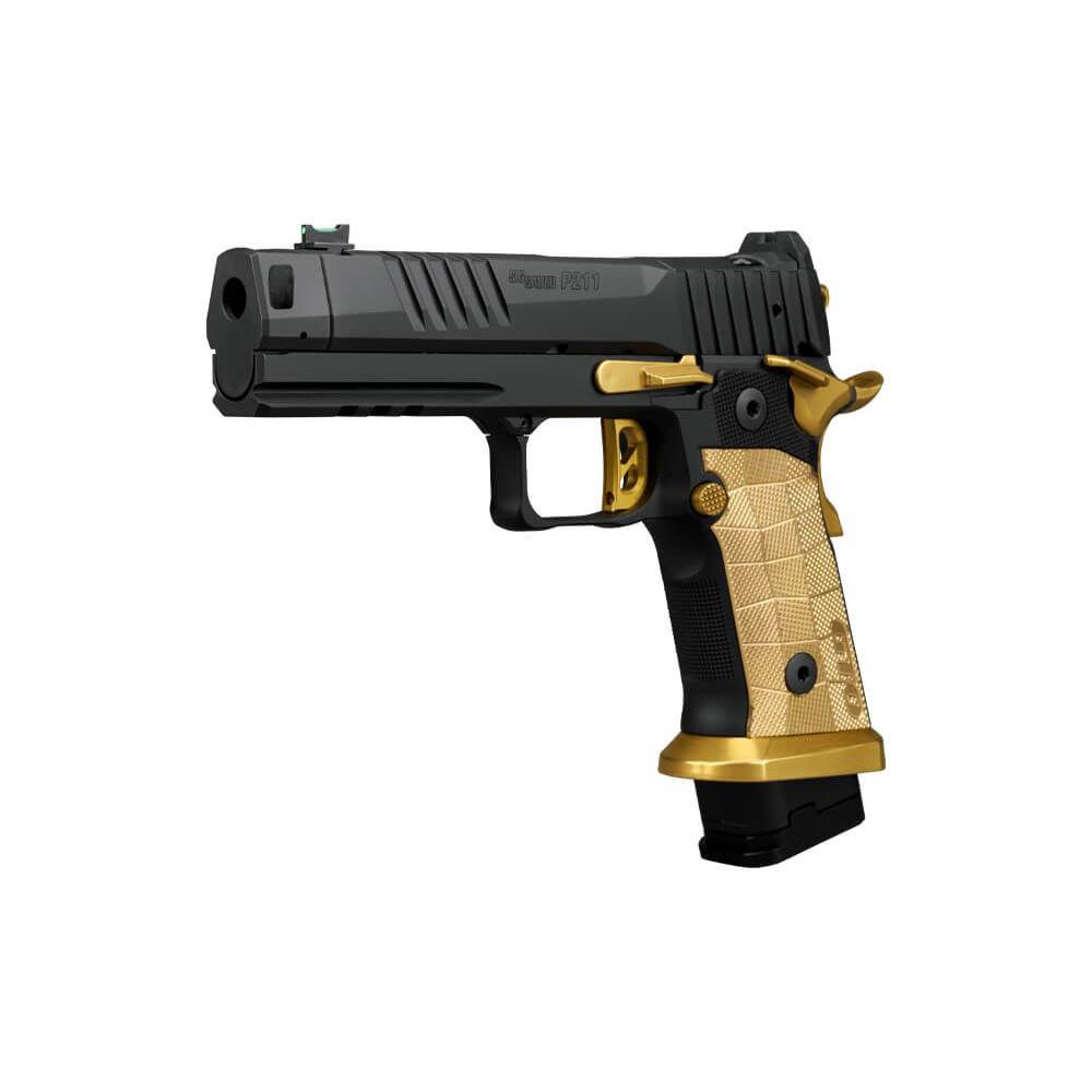 Side profile angle of Sig Sauer P211 Spectre Comp showing 4.4 inch compensated barrel, fiber optic sight, and overall length, clean dark gradient background, 8K product photography