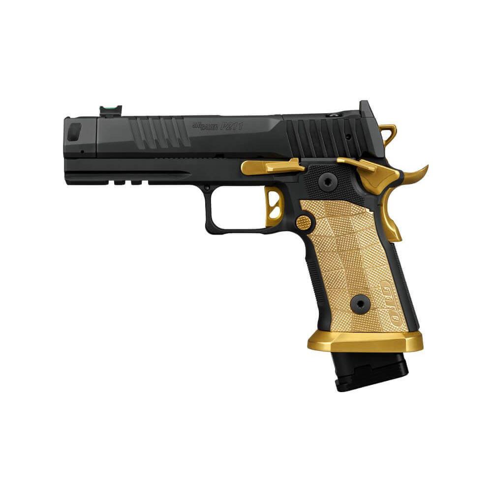 Top-down view of Sig Sauer P211 Spectre Comp with optic-ready slide open, magazines beside it, highlighting stainless steel construction and Nitron finish, premium studio setup, 8K