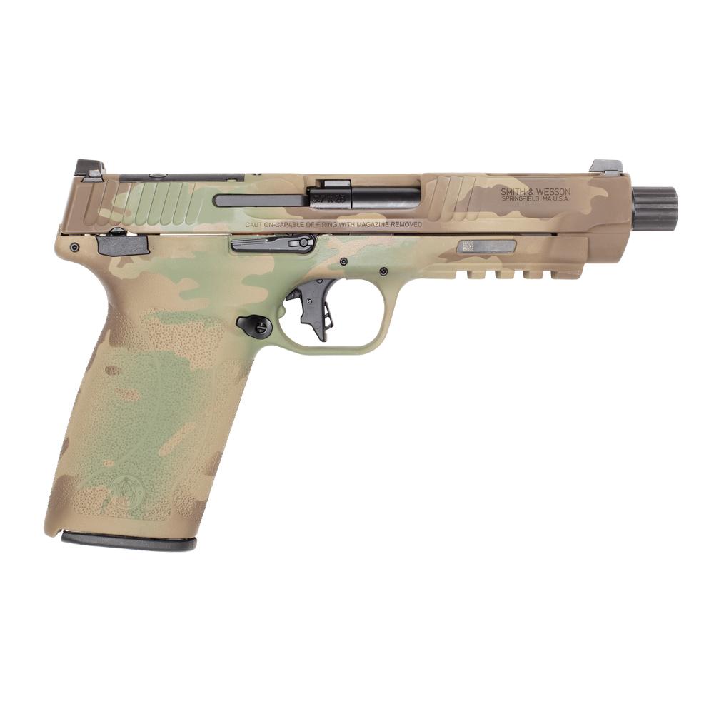 Photoreal 8K studio hero shot of Smith & Wesson M&P 5.7 OR Multicam handgun centered on seamless white background, clean lighting, sharp focus on Multicam finish and threaded barrel, premium e-commerce style