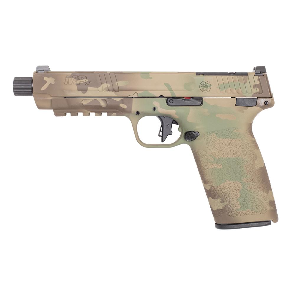 Photoreal 8K lifestyle image of the M&P 5.7 OR Multicam pistol held in gloved hands at a shooting range, natural daylight, dynamic angle showing grip and slide