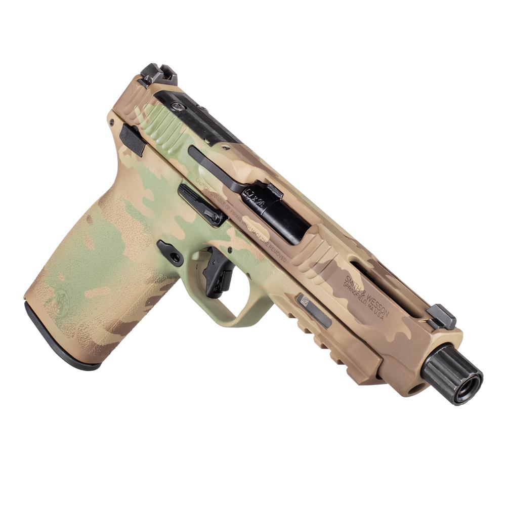 Photoreal 8K macro detail shot of the Multicam Cerakote texture and optics-ready slide on the M&P 5.7 OR, extreme close-up with soft studio lighting