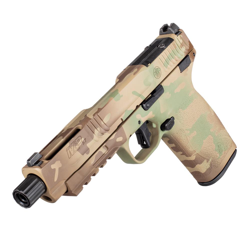 Photoreal 8K side profile of the M&P 5.7 OR Multicam handgun next to a ruler for scale, clean gray gradient background, precise focus on 5-inch threaded barrel