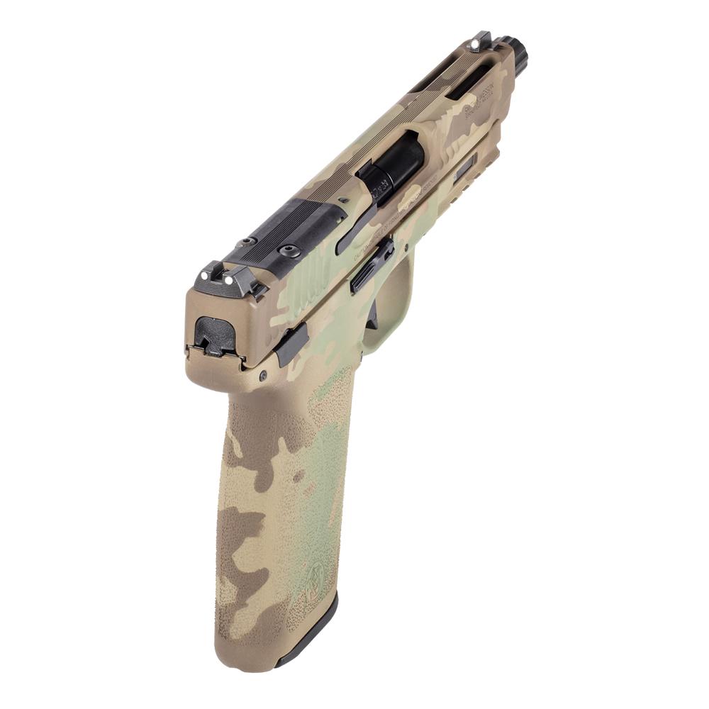 Photoreal 8K in-use action shot of the M&P 5.7 OR being fired, muzzle flash visible, Multicam finish highlighted, dark range environment