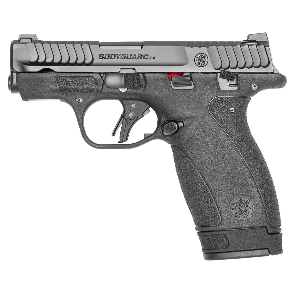 Photorealistic 8K detail macro of the M&P Bodyguard 2.0 slide and ambidextrous thumb safety, black polymer frame texture, studio lighting highlighting metal and polymer surfaces